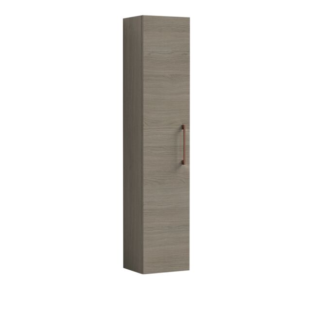 Balterley Level Modern Bathroom 1 Soft Close Door Wall Hung Tall Storage Unit, with Handle Brown Solace Oak
