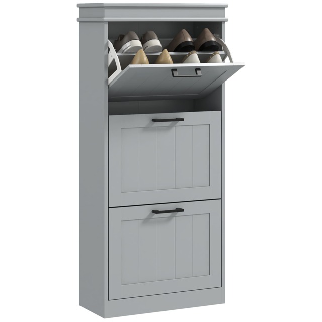 HOMCOM Slim Shoe Storage Cabinet with 3 Flip Drawers for Entryway, Grey Grey Grey