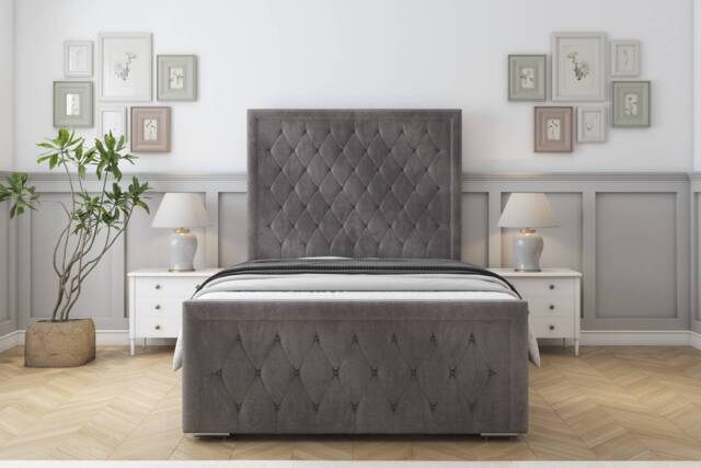 "Sloomy Monroe Slate Naples Bed Frame With Mattress With 50"" Upholstered Headboard 2'6 Small Single"