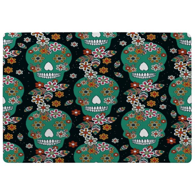 Embroidery Colorful Simplified Ethnic Flowers And Skull Pattern Rug Multi
