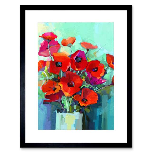 "Flowers Red Bouquet Vase Home Decor 12x16"" Framed Wall Art Print"