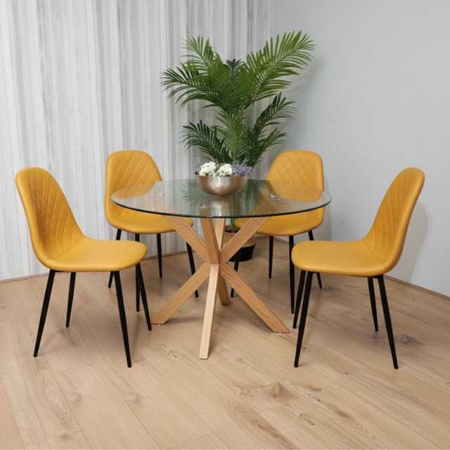 Round Glass Dining Table Set With 4 Mustard Gem Pattern Chairs Dining Room Furniture