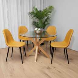 Round Glass Dining Table Set With 4 Mustard Gem Pattern Chairs Dining Room Furniture