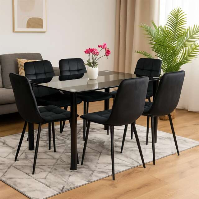 Black Clear Glass Dining Table With 6 Black Tufted Velvet Chairs Kitchen Dining Set