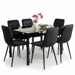 Black Clear Glass Dining Table With 6 Black Tufted Velvet Chairs Kitchen Dining Set