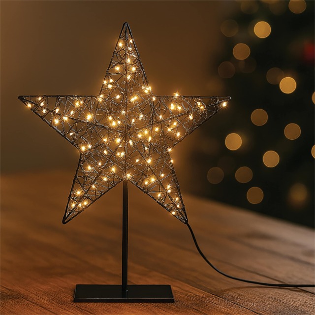 Xmas Haus Black Metal LED Christmas Holiday Festive Star with Stand 100 Warm White LEDs, Shiny PVC Rope, 5M Cable & IP20 Transformer Outdoor Festive Decoration
