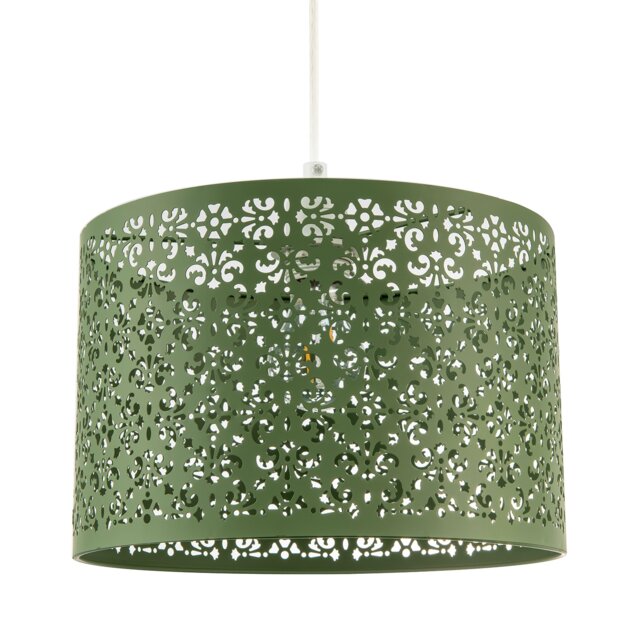 Olive Green Moroccan Metal Pendant Light Shade with Floral Decoration