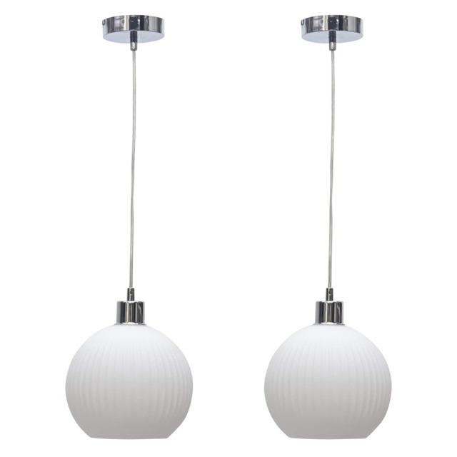 Set of 2 Betchley - White Ribbed Glass Globe with Chrome Pendants White White glass with polished chrome plate detail Small 2