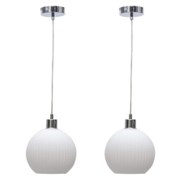 Set of 2 Betchley - White Ribbed Glass Globe with Chrome Pendants White White glass with polished chrome plate detail Small 2