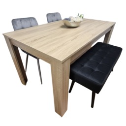 Oak Effect Dining Table with 2 Black Velvet Chairs and Bench Dining Room