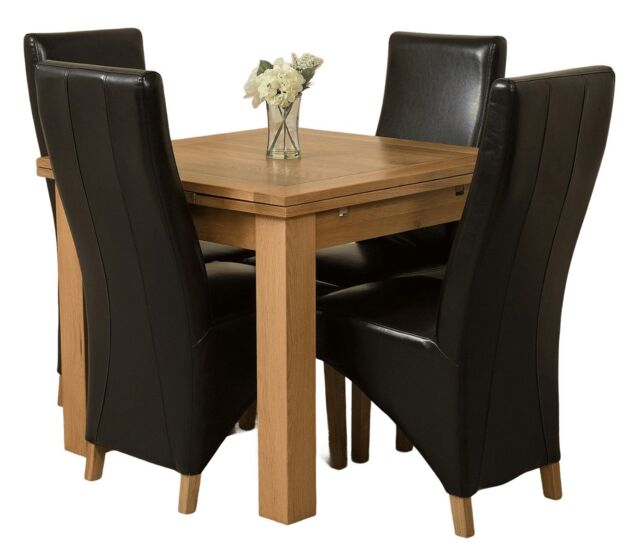 Richmond 90-150cm Square Oak Extending Dining Table & 4 Lola Leather Chairs Black Black
