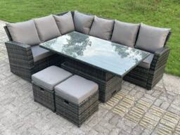 Fimous High Back Rattan Garden Furniture Corner Sofa Sets Adjustable Rising Table Dark Mixed Grey 8 seater left corner