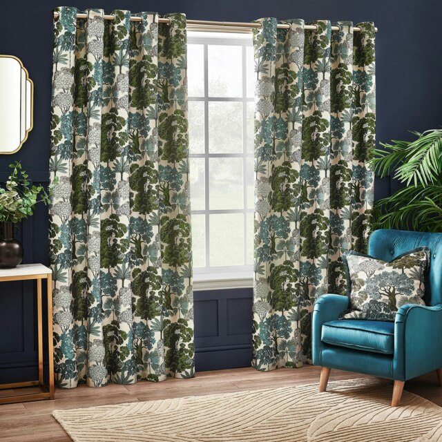 Wylder Woodlands Floral Jacquard Green Eyelet Curtains (W)168cm x (D)137cm Multi