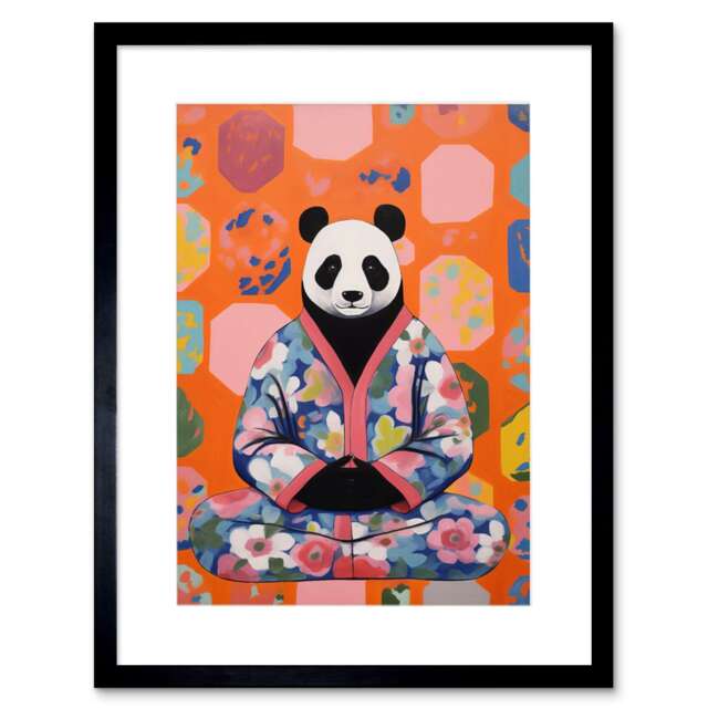 "Meditating Panda Meditation Yogi Floral Kimono 9x7"" Black Framed Wall Art Print"