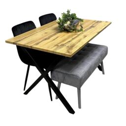 Modern Dining Table Set with Padded Bench and 2 Black Velvet Chairs, Stylish Kitchen or Dining Room Furniture