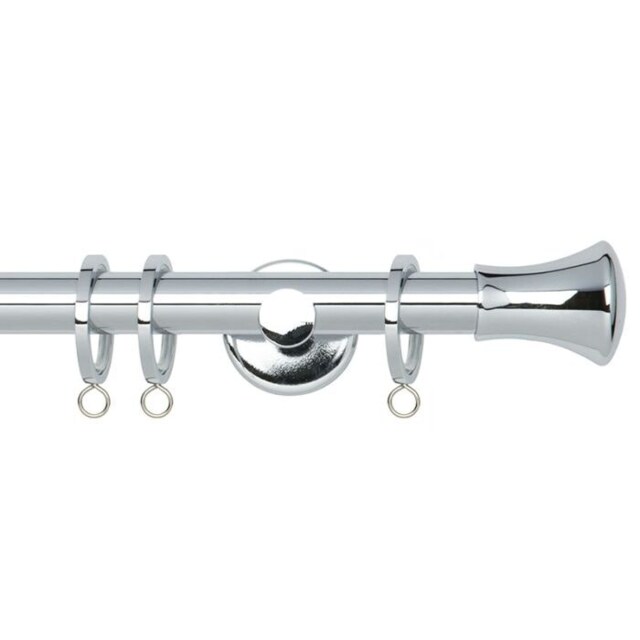 35mm Fixed Length Metal Curtain Pole Set Chrome Trumpet Finial 190cm Silver Silver