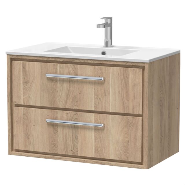 Balterley Longnor 2 Drawer Wall Hung Vanity Unit with 1 Tap Hole Minimalist Basin, Light Oak, 800mm