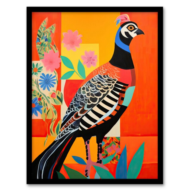 Party Pheasant Orange Green Folk Art Home Decor Black Framed Wall Art Print A4