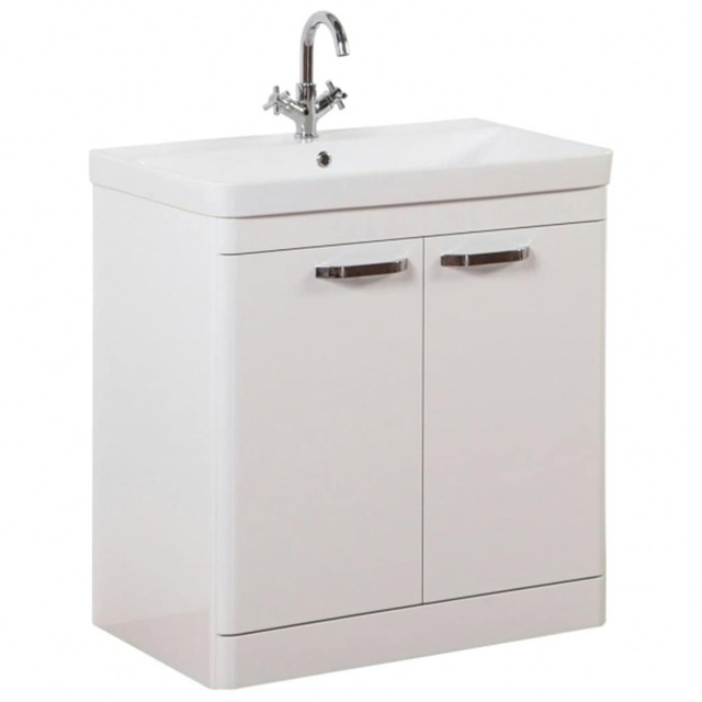 Bathroom 2-Door Floor Standing Vanity Unit with Basin 800mm Wide White 1 Tap Hole - White Gloss - Brassware Not Included White White 1