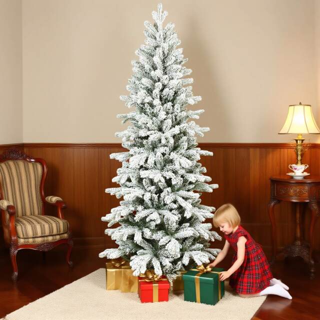 HOMCOM 6ft Flocked Christmas Tree, Hinged Pencil Christmas Tree with Realistic Branches, Easy Assembly, Slim Shape, Artificial Xmas Home Decoration, Green White Green