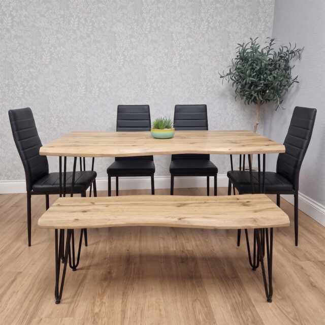 Modern Dining Table Set With Bench And 4 Black Faux Leather Chairs Dining Room Furniture