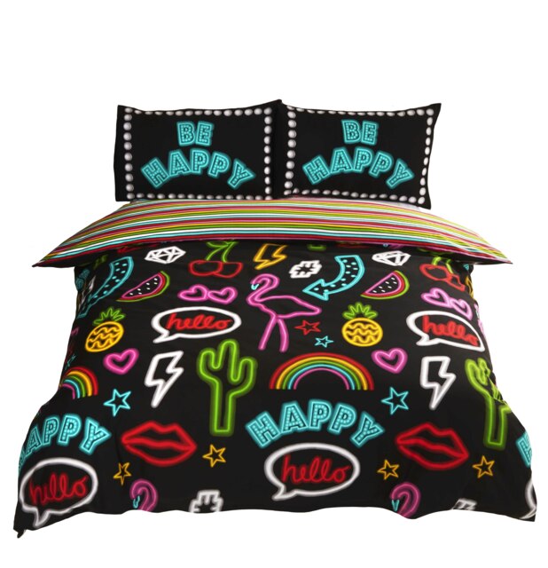 Be Happy Neon Polycotton Reversible Duvet Cover Set and Pillowcase Multi Single 1