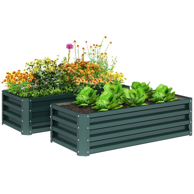 Outsunny Set of 2 Raised Garden Bed Galvanised Planter Box, Green