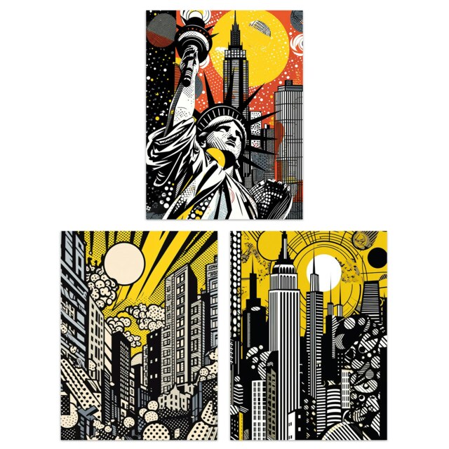 Set of 3 New York City Pop Art Cityscape Artwork Statue of Liberty Skyscrapers Sunrise Wall Art Prints 12X16 Inch
