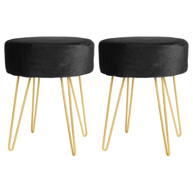 Harbour Housewares 2x Velvet Footstools - Round Modern Dressing Table Footstool Vanity Seat Chairs - 40 x 35cm - Black/Gold Black Black/Gold Pack of 2 2