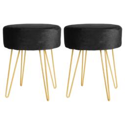 Harbour Housewares 2x Velvet Footstools - Round Modern Dressing Table Footstool Vanity Seat Chairs - 40 x 35cm - Black/Gold Black Black/Gold Pack of 2 2
