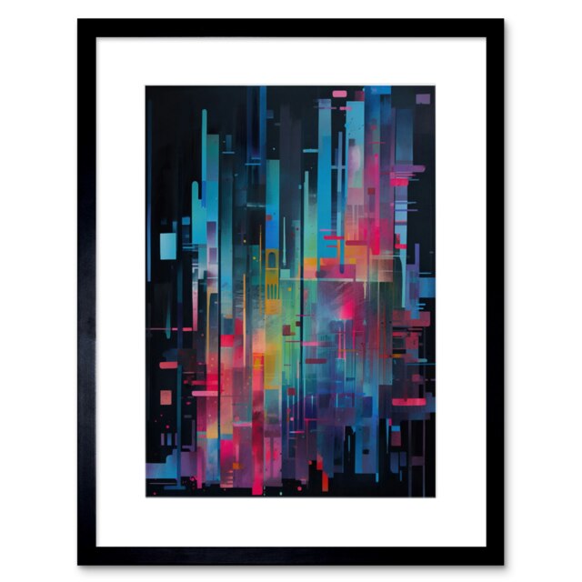 "Modern Abstract Geometric Neon Lines Cityscape Painting 9x7"" Black Framed Wall Art Print"