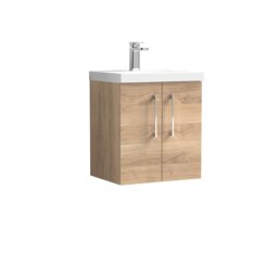 Balterley Contemporary Bathroom Wall Hung 2 Soft-Close Door Vanity Unit & Mid-Edge Ceramic Basin Brown Bleached Oak