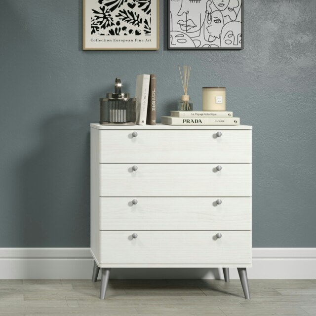 Augusta Curve 4 Drawer Chest - White Wax Solid Wood Bedroom Storage with Rounded Edges and Mid-Century Legs White White 1