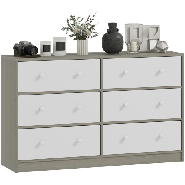 HOMCOM Chest of Drawers, 6 Drawer Dresser for Bedroom, White and Grey White White and Grey 1