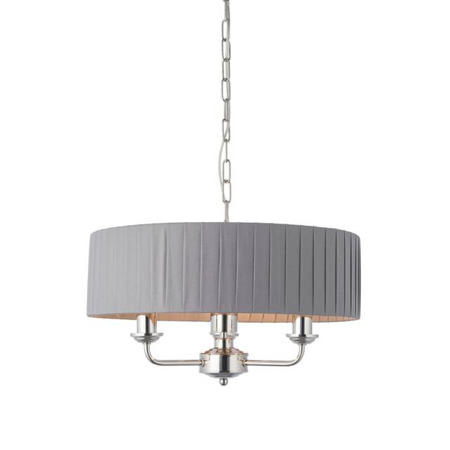 Highclere 3 Lamp Single Shade Pendant Light Bright Nickel Plate, Charcoal Fabric