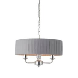 Highclere 3 Lamp Single Shade Pendant Light Bright Nickel Plate, Charcoal Fabric