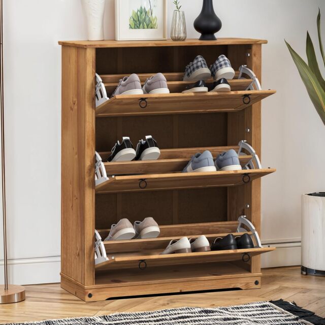 Corona 3 Shelf Shoe Rack Chest Solid Wood Mexican Pine Antique Wax Wooden Hallway Storage