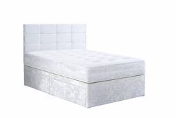 4ft6 Double White Crushed Velvet Divan Bed Set Orthopaedic Mattress with Cube Headboard 2 Drawers One Each Side