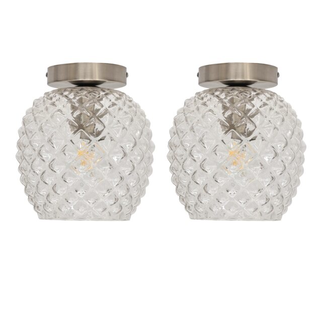Set of 2 Baine - Textured Glass Satin Nickel Ceiling Light Fittings