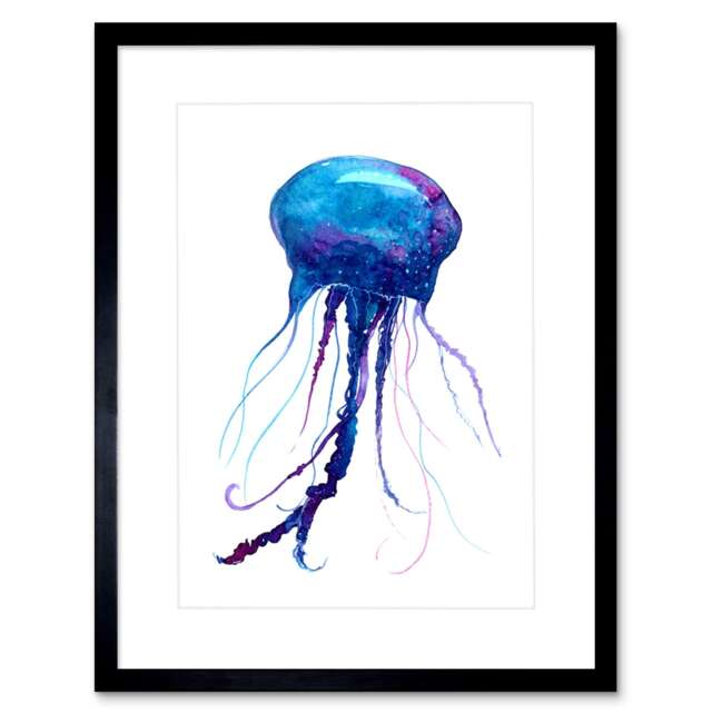 "Jellyfish Seal Life Blue Purple Bright Watercolour 9x7"" Black Framed Wall Art Print"