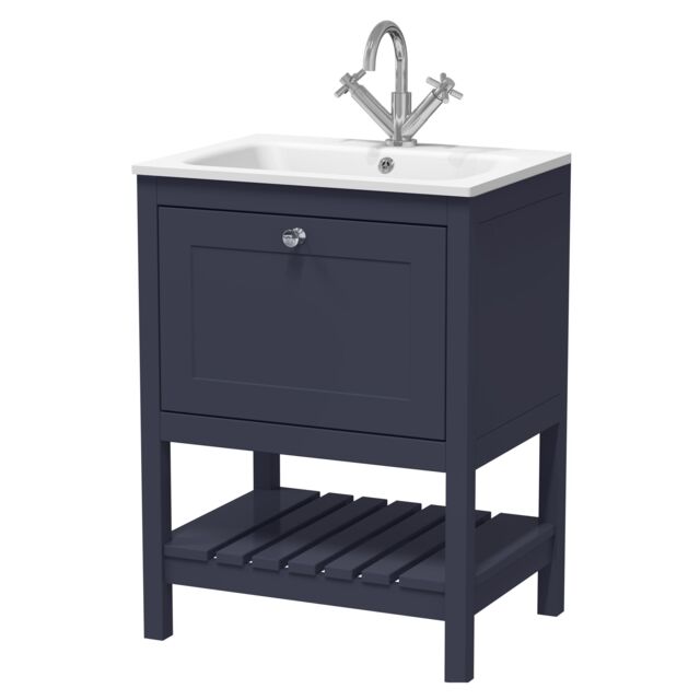 Balterley Coppenhall Contemporary 1 Drawer Floor Standing Vanity Unit with Stone Basin, Indigo Blue, 600mm