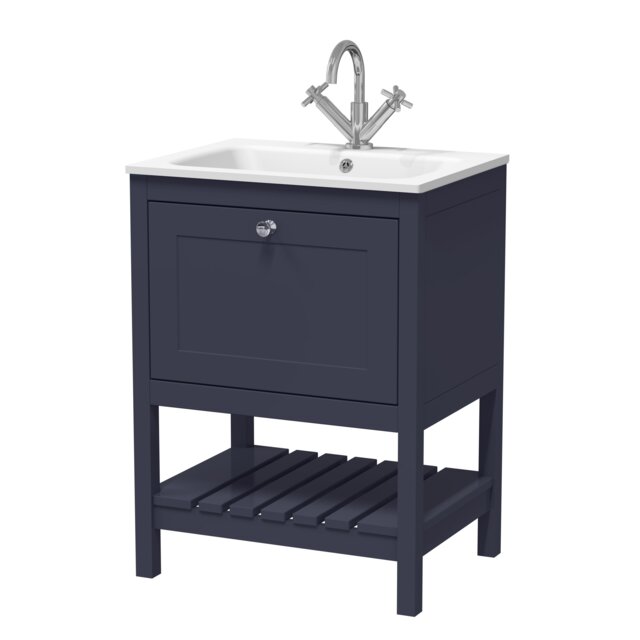 Balterley Coppenhall Contemporary 1 Drawer Floor Standing Vanity Unit with Stone Basin, Indigo Blue, 600mm