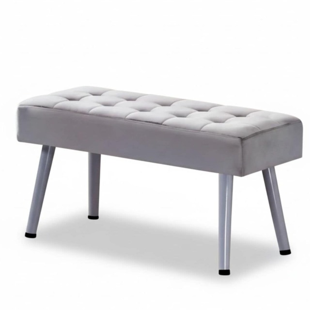 Grey Velvet Padded Dining Bench with Metal Legs 90 cm Length, Dining Room Furniture