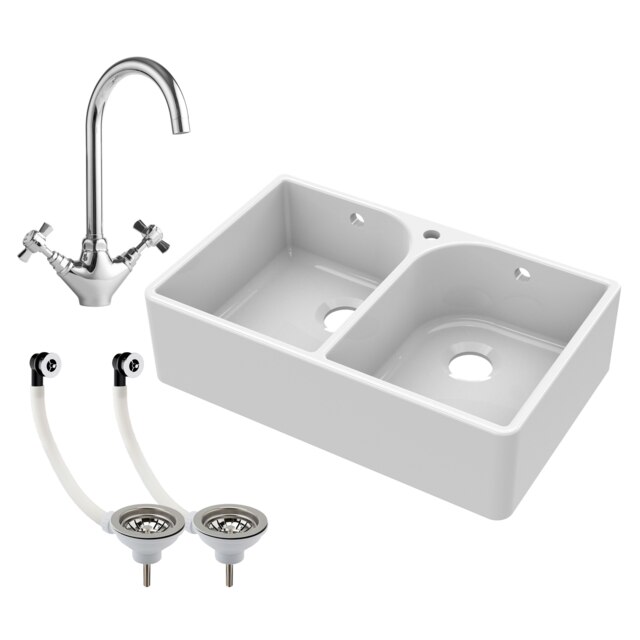 Fireclay Double Bowl Belfast Sink with Tap Hole & Full Weir, Basket Strainer Waste & Mono Kitchen Sink Mixer Tap