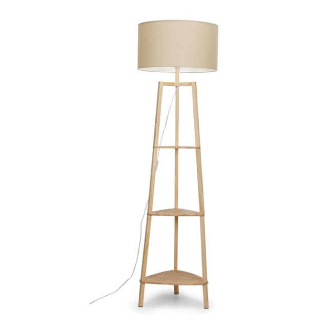 ValueLights Hiru Wooden 3 Tier Shelf Floor Lamp Cream Shade and Bulb