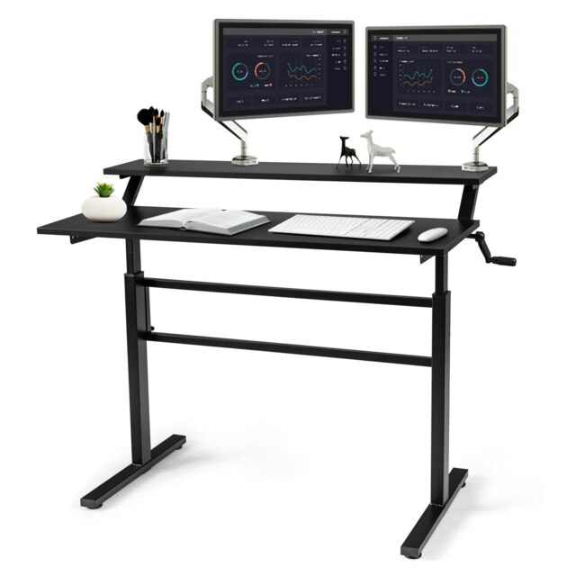 COSTWAY 2-Tier Standing Computer Desk Sit to Stand Black Black