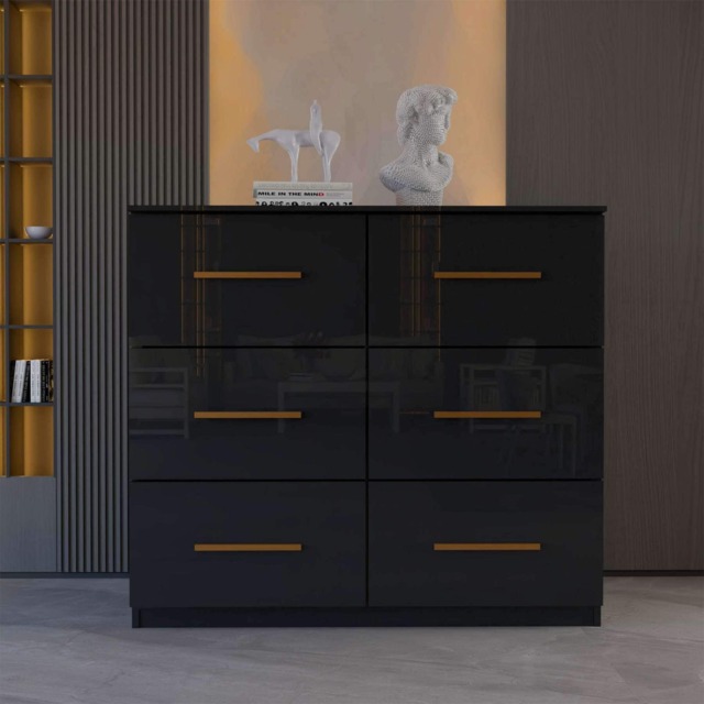 High Gloss Chest Drawer Modern Bedroom Furniture Storage Cabinet with Handles-Black 3+3 drawers
