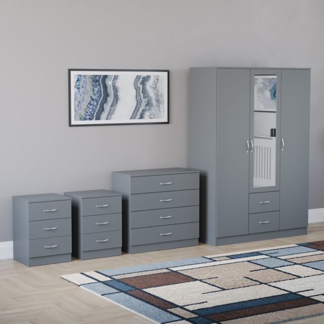 Vida Designs Riano 4 Piece Bedroom Set (2x 3 Drawer Bedside Chest, 4 Drawer Chest, 3 Door 2 Drawer Mirrored Wardrobe) - Grey