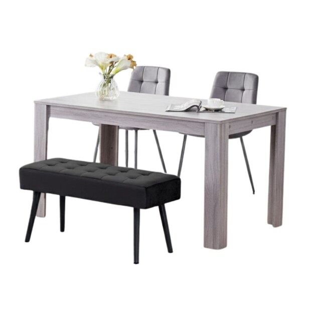 Modern Rectangle Dining Table Set With 2 Grey Velvet Chairs And 1 Black Bench Dining Room Furniture