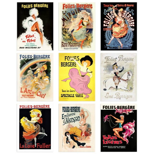 Set Of 9 Vintage French Adverts Folies Bergère Cabaret Music Hall Paris Wall Art Prints 12X16 Inch